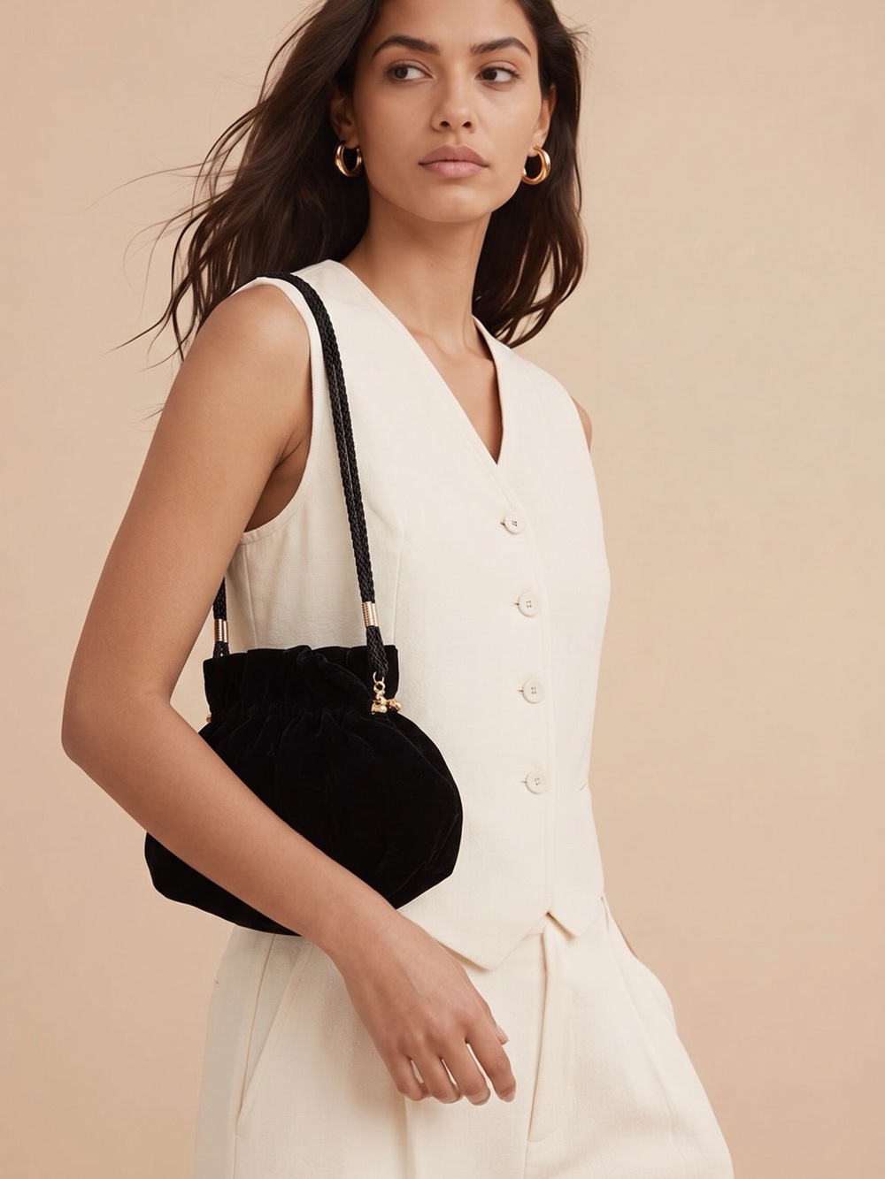 La Regale Black Velvet Mini Drawstring Crossbody Bag